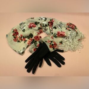 Vintage Floral Scarf and Black Gloves Set